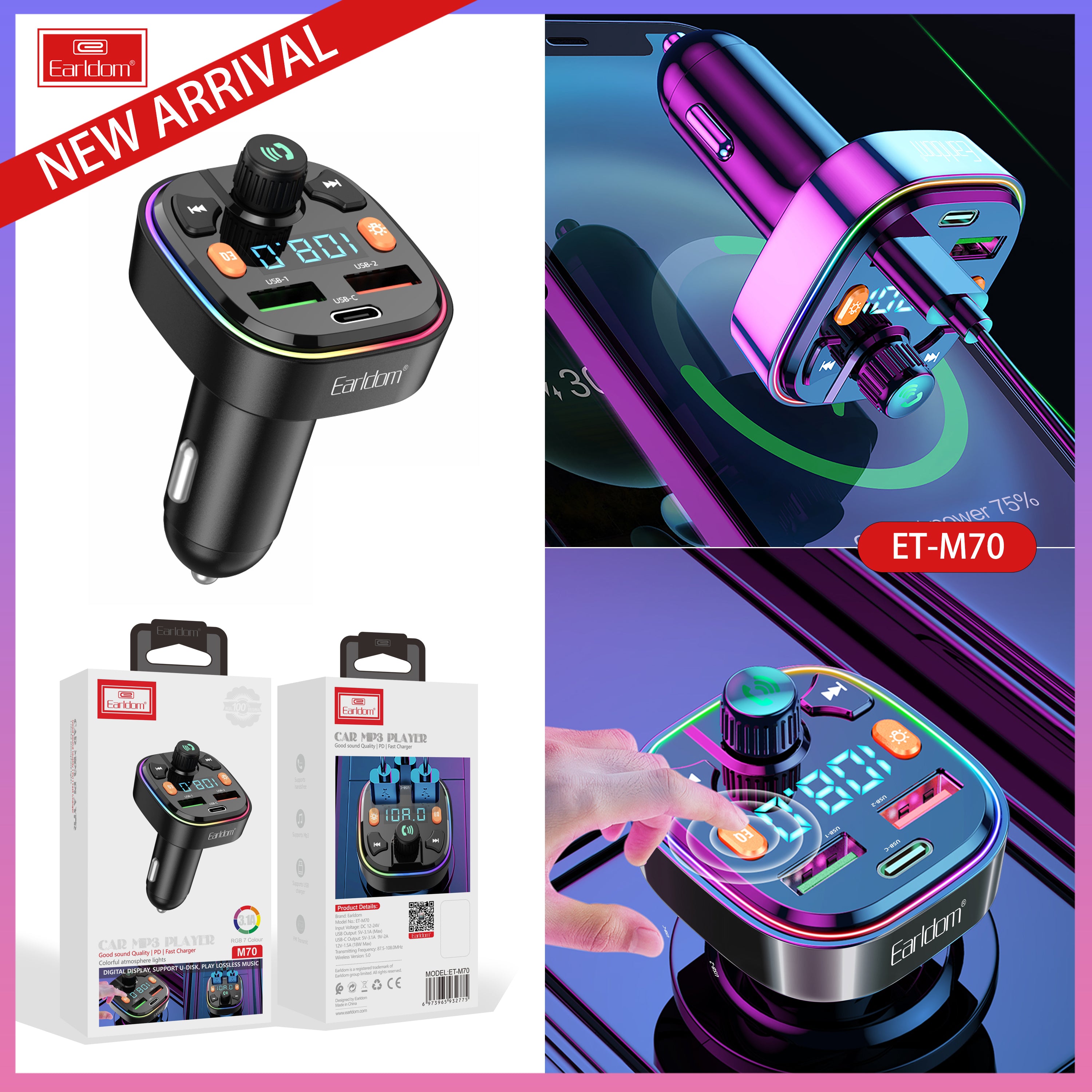 ET-M70 FM Transmitter Bluetooth Car kit with Type C to C Charger ET-M70 FM Transmitter Bluetooth Car kit with Type C to C Charger